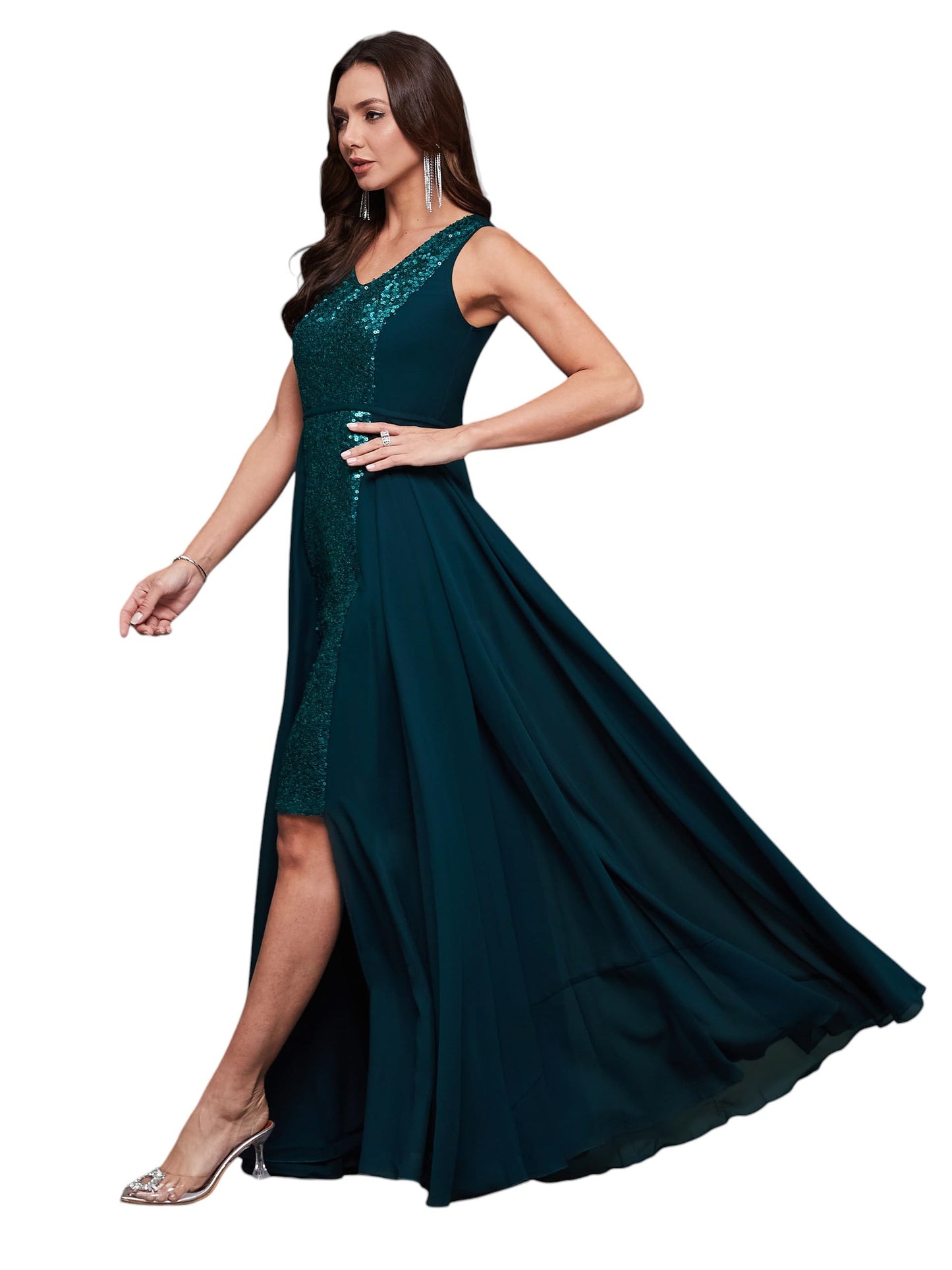 Miss Chase Womens V-Neck Sleeveless Embellished Layered Maxi Dress (MCSS25D91-88-760-05, Verdigris Teal, L)