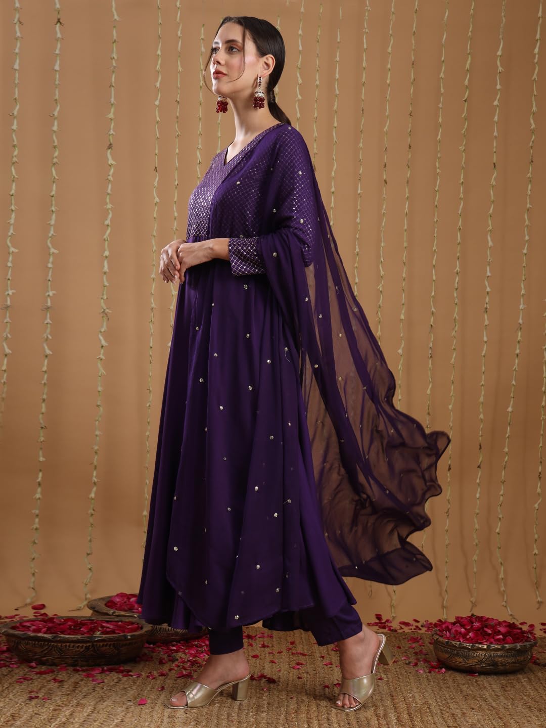 GoSriKi Women's Viscose Rayon Mukaish Work Anarkali Kurta with Pant & Dupatta