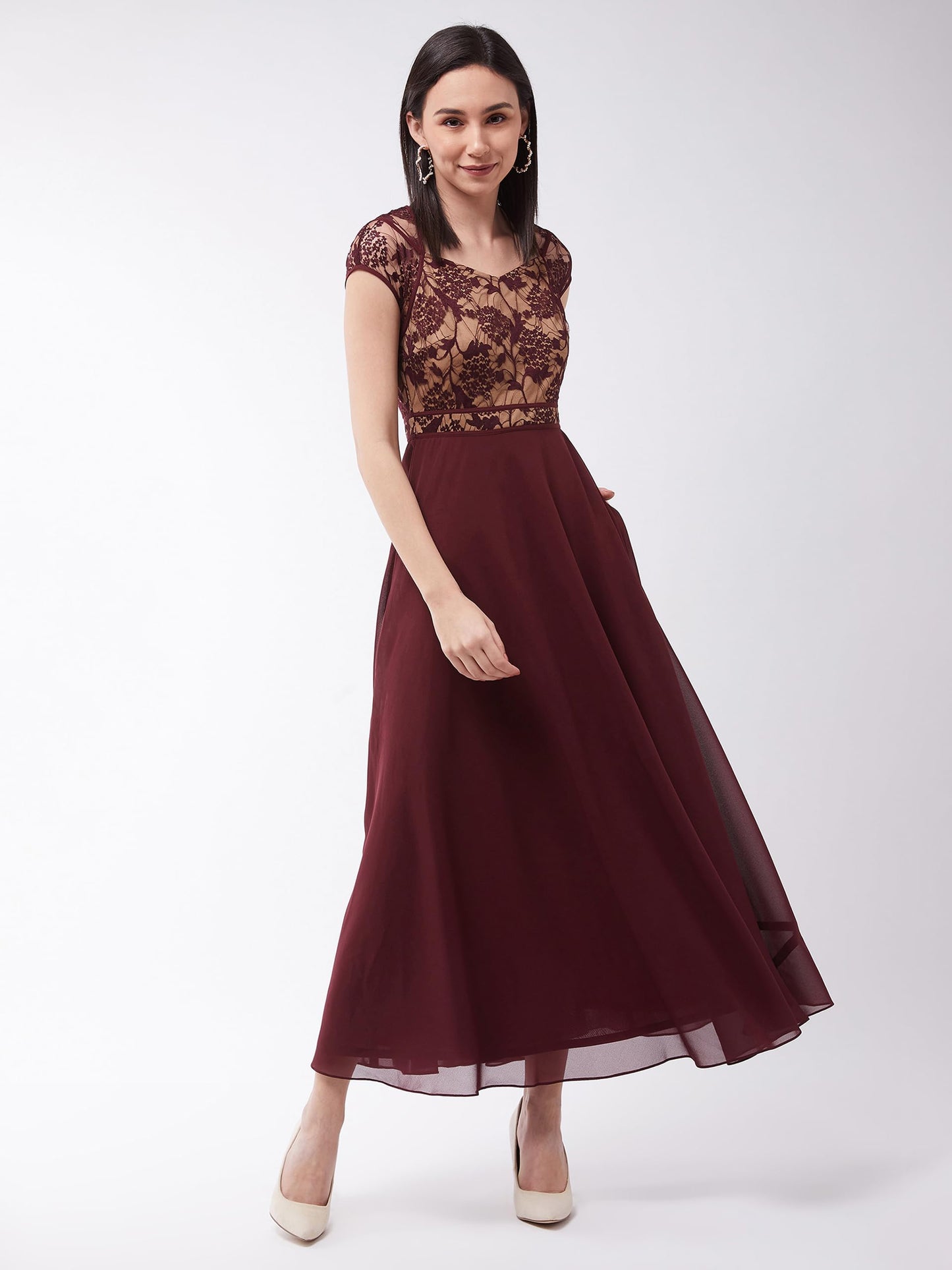 Miss Chase WomenS Wine & Beige Floral V - Neck Cap Short Sleeves Lace Overlaid Fit & Flare Paneled Maxi Dress (Mcss21D06-11-603