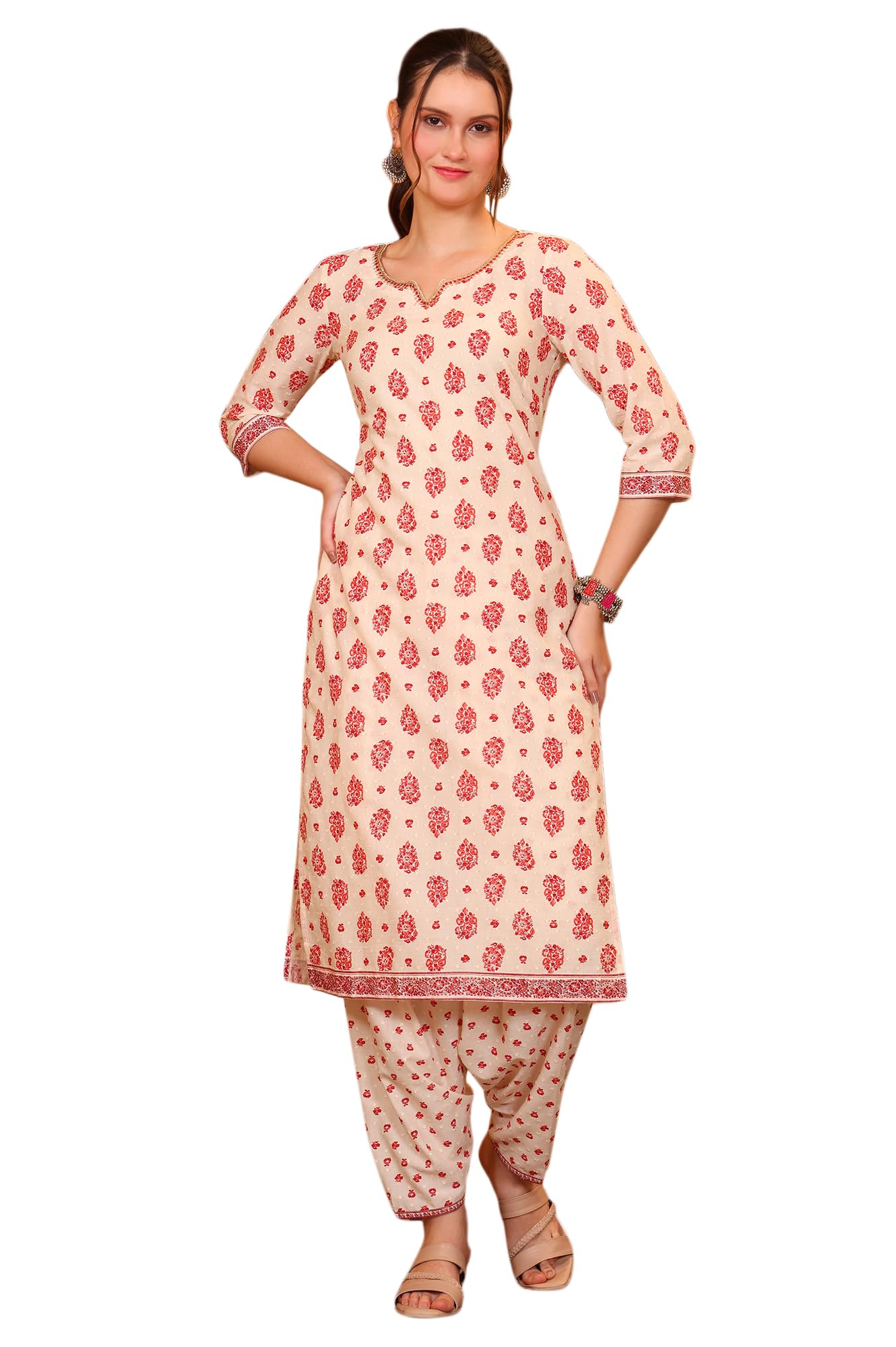 Aurelia WomenS Ethnic Motifs Printed Tape Embellished Straight Cotton Blend Cream Kurta And Salwar Co-Ord Set (Size-Xxl)-As16106