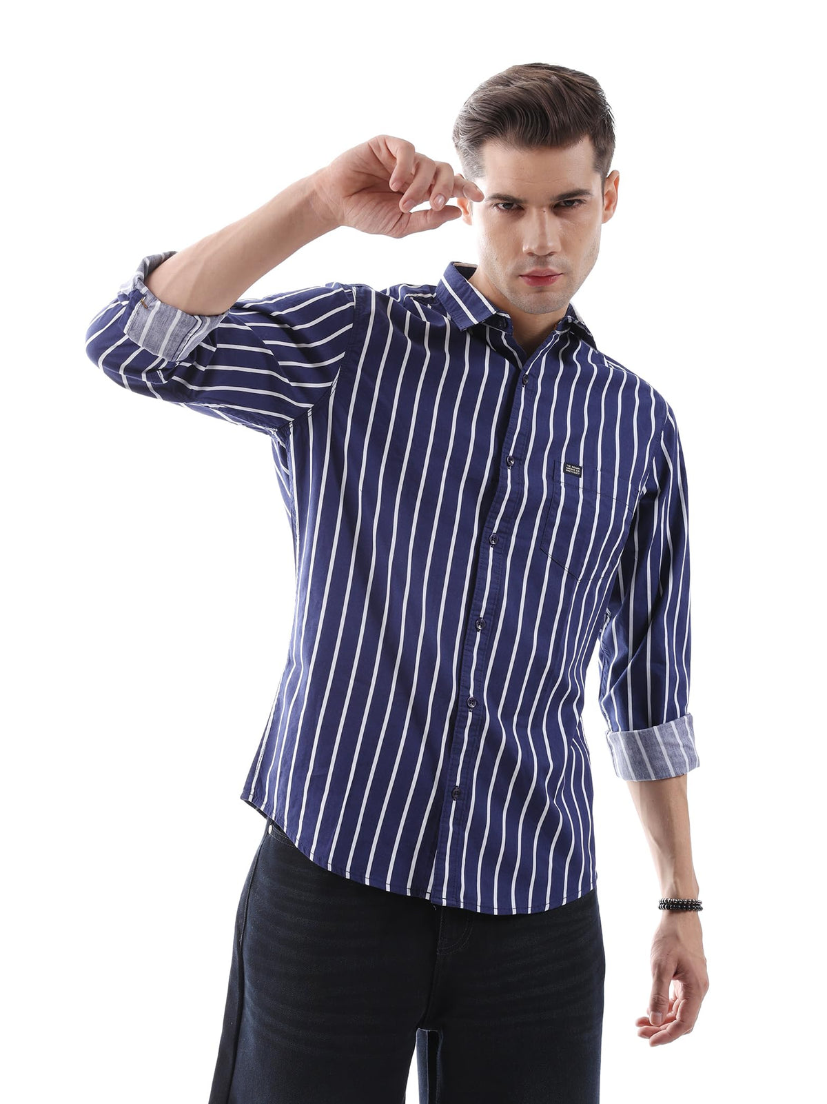 The Indian Garage Co Men Blue Striped Slim Fit Cotton Casual Shirt