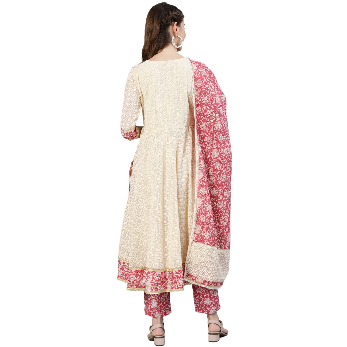 ishin Women's Offwhite Embroidered Chikankari Anarkali Kurta set With Trouser and Dupatta