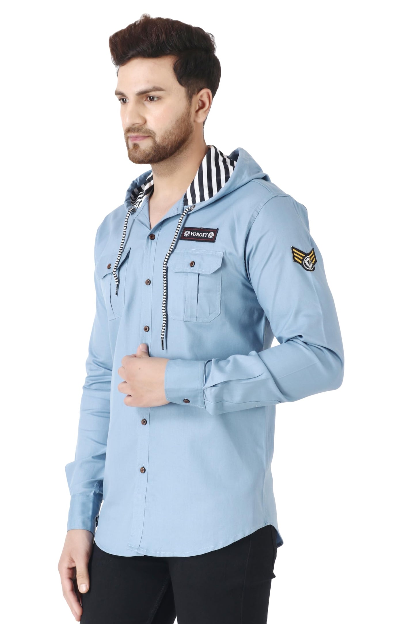 Besix MenS Grey Tailored Fit Cotton Blend Shirt For Man With Hoodie - Casual Long Sleeve Shirt With Pockets - Patch Detail For