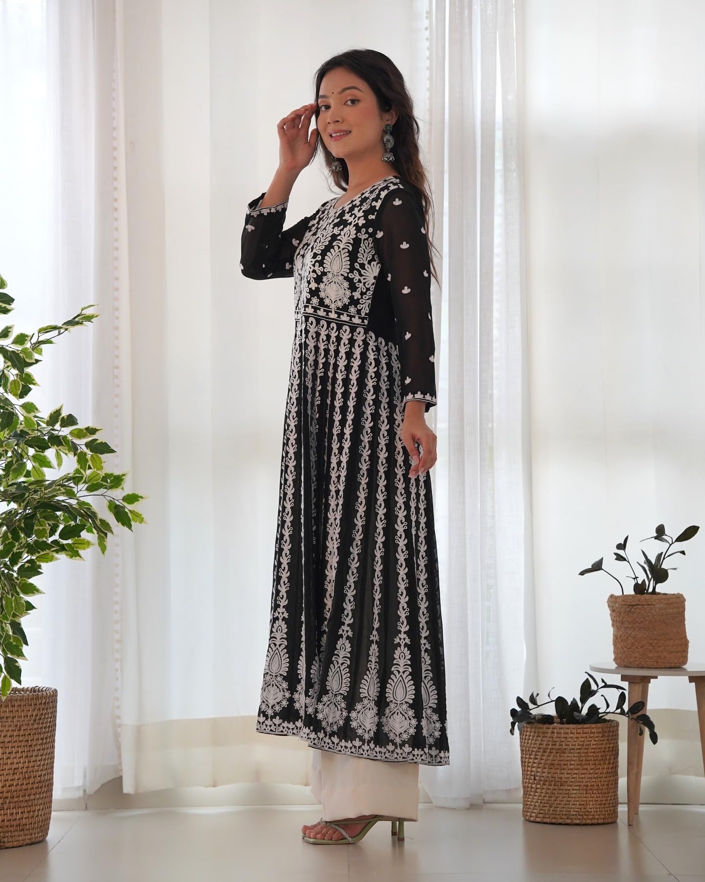 GoSriKi Women's Georgette Chikankari Embroidered Anarkali Kurta