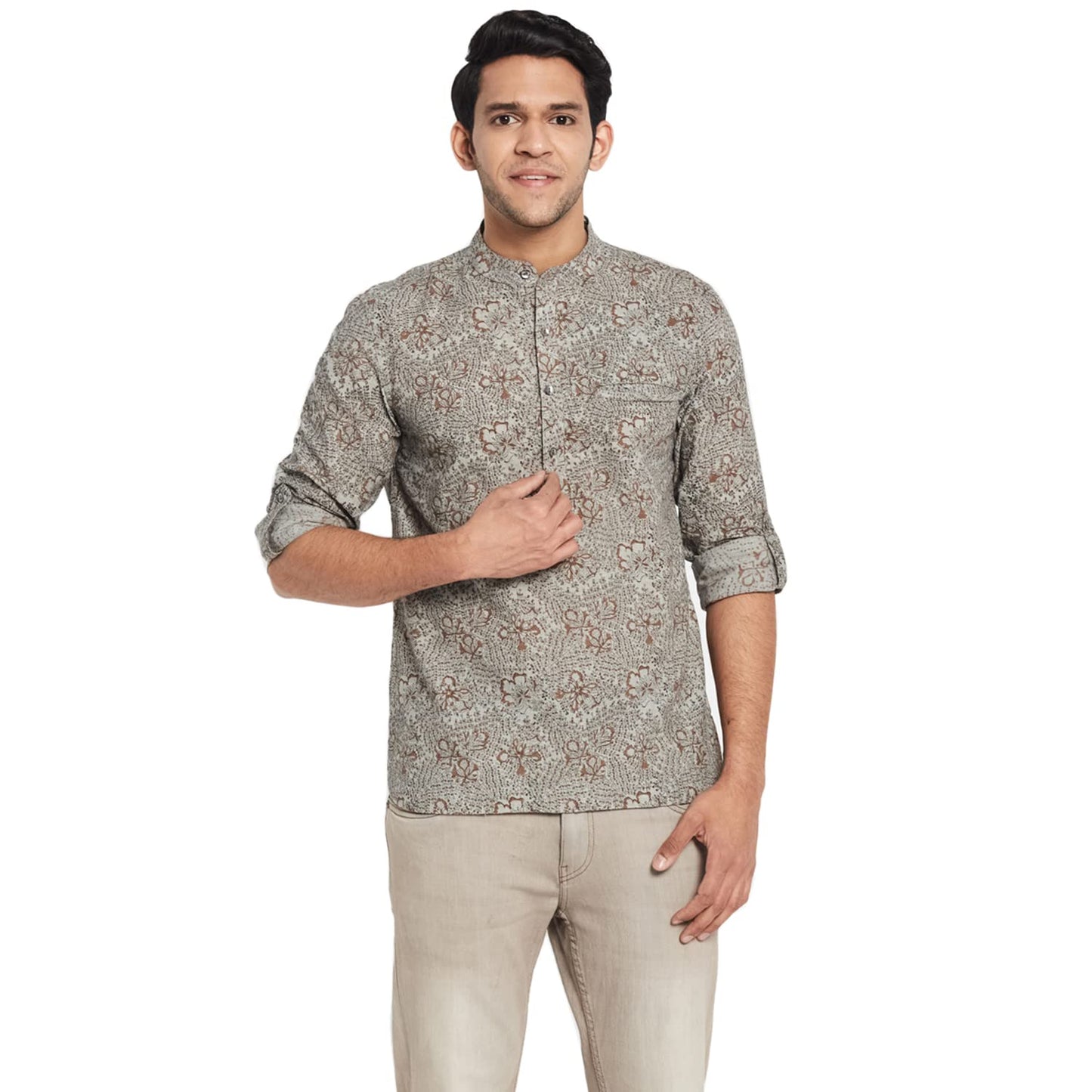 Fabindia MenS Cotton Printed Slim Shirt_Light Grey_M