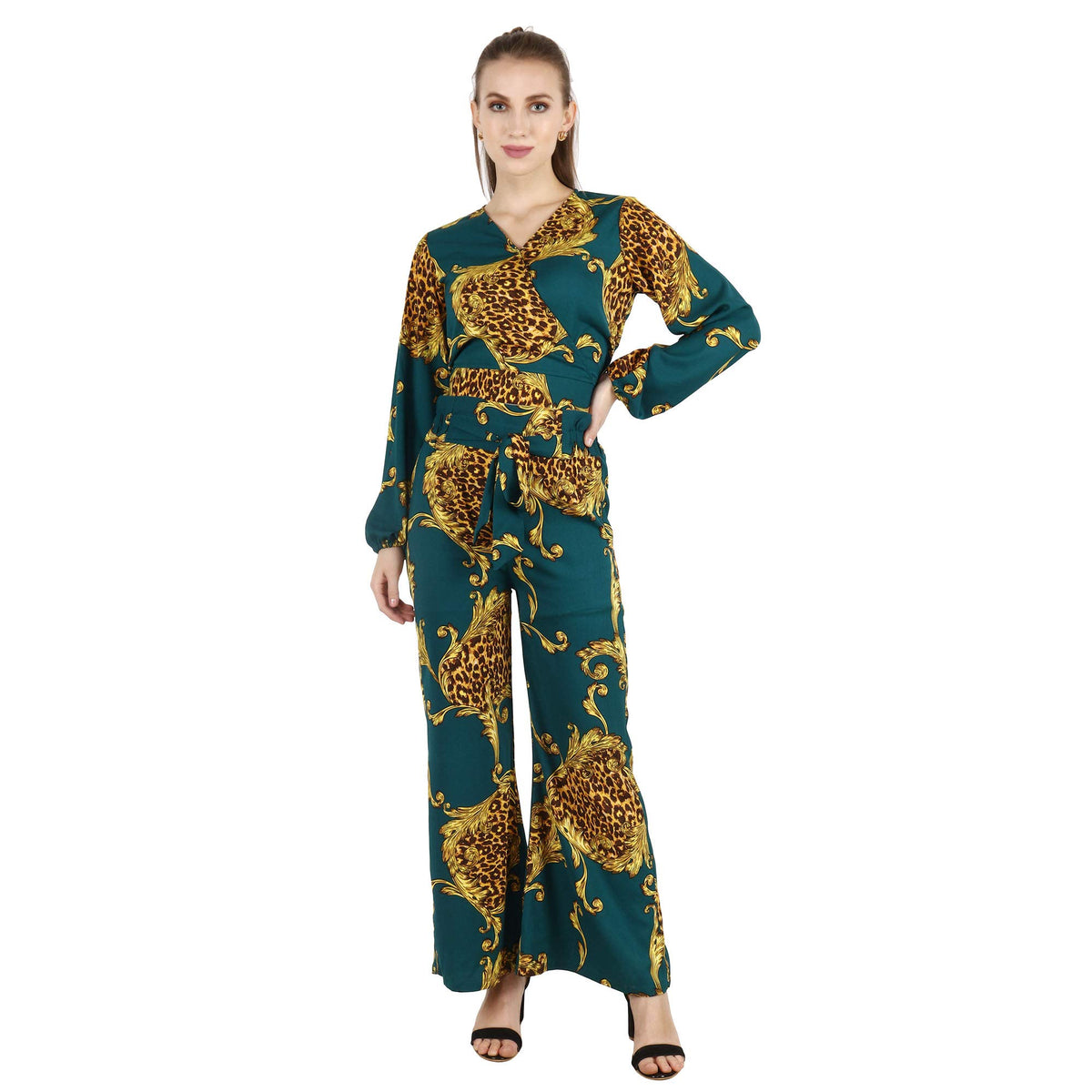 Popwings Casual Gold Chain Printed Green Co-Ord Set For Women | Stylish Western Co-Ord Set For Women | Co-Ord Set For Summer