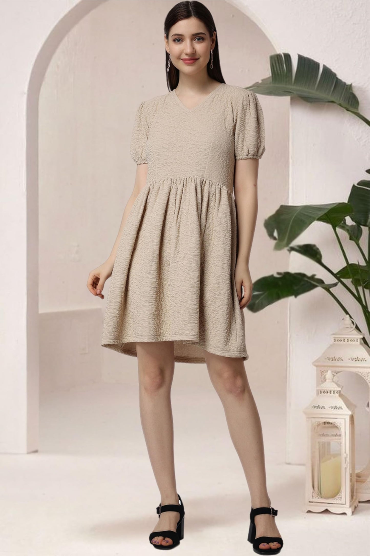 Popwings Casual Self Crush Design Solid Knee Length Blouson Peplum Dress For Women || Latest Stylish Summer Dress For Women || K