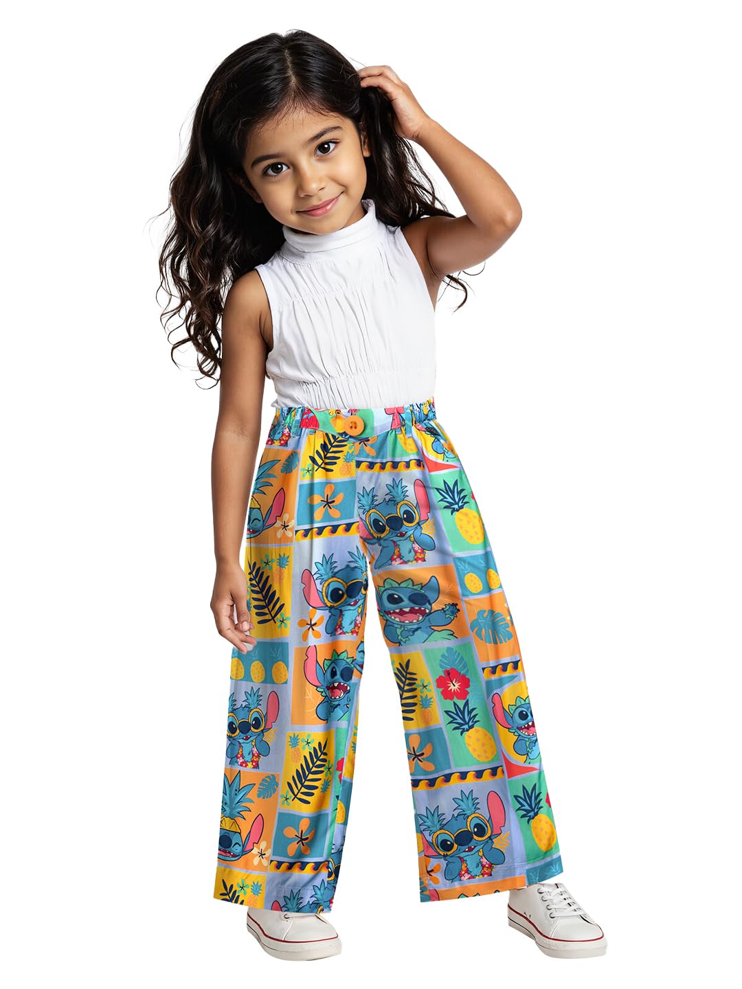 The Souled Store Lilo & Stitch: Pineapple Girls Buttoned Multicolour All Over Printed Straight Fit Cotton Pants (2-8 Yrs)