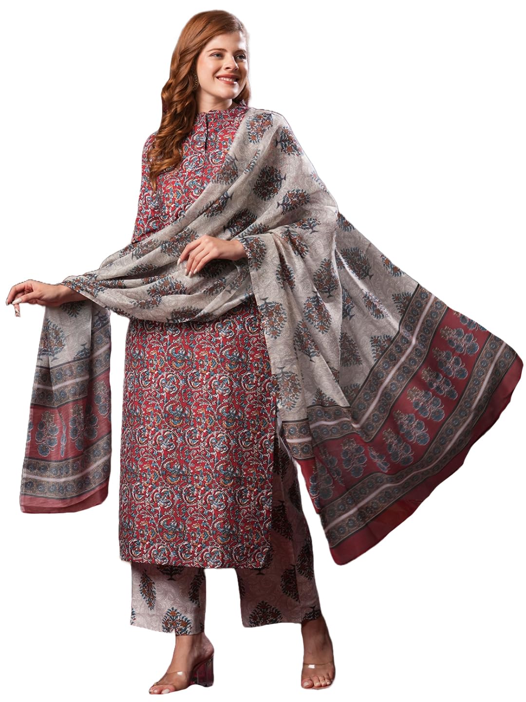 GoSriKi Women's Rayon Blend Printed Straight Kurta Plazzo with Printed Dupatta