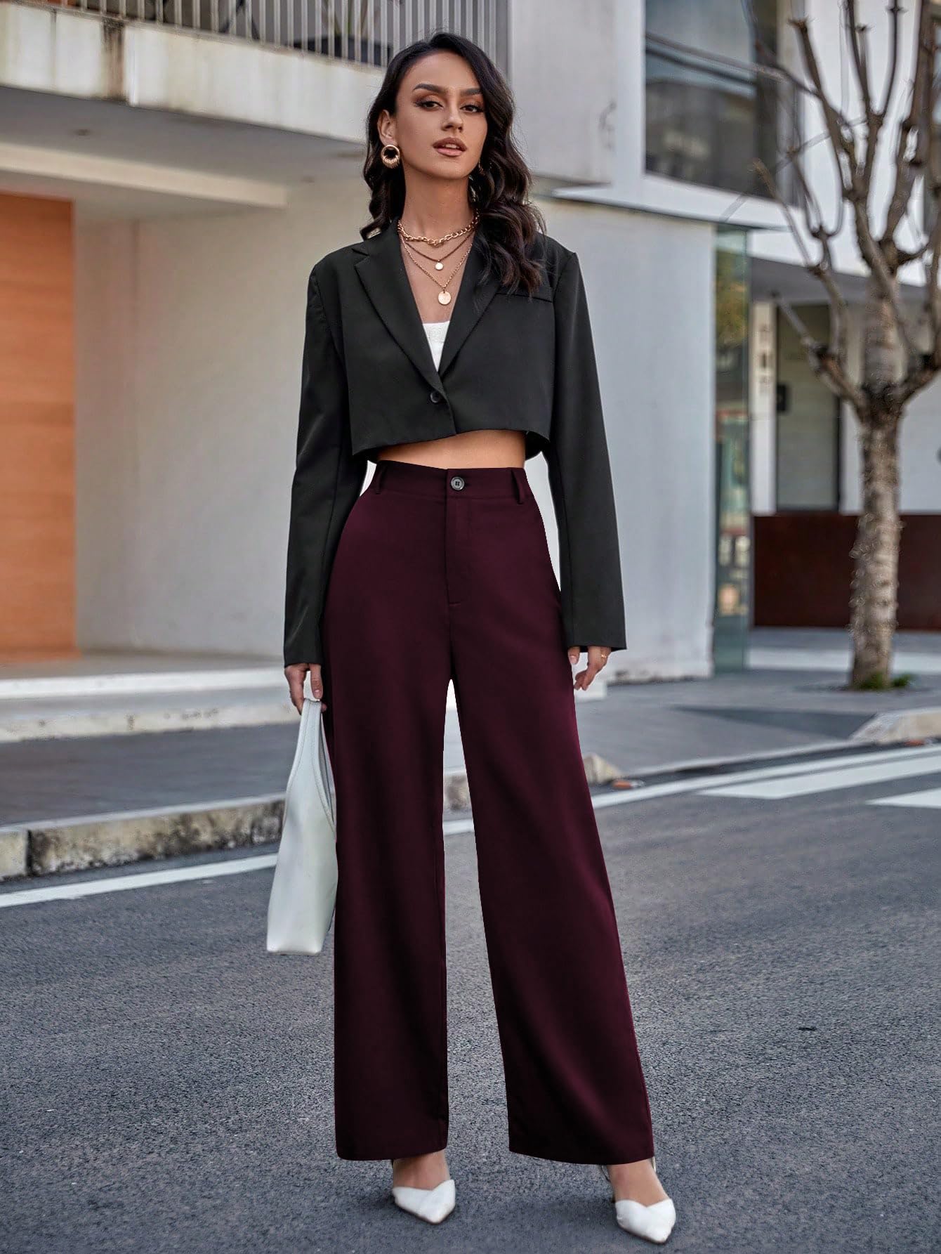 Toochki Straight Pants Trousers for Women with High Waist, Formal Spandex Pant for Women Office Wear Wine