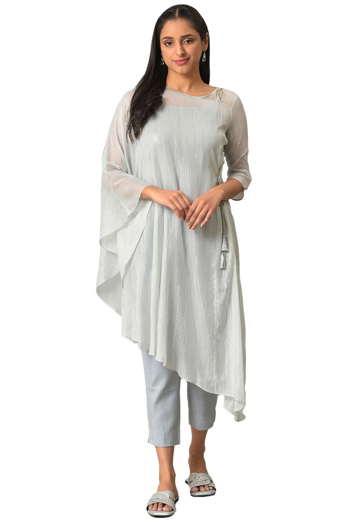 Aurelia Grey Self-Design Foil Kurta And Trousers Set
