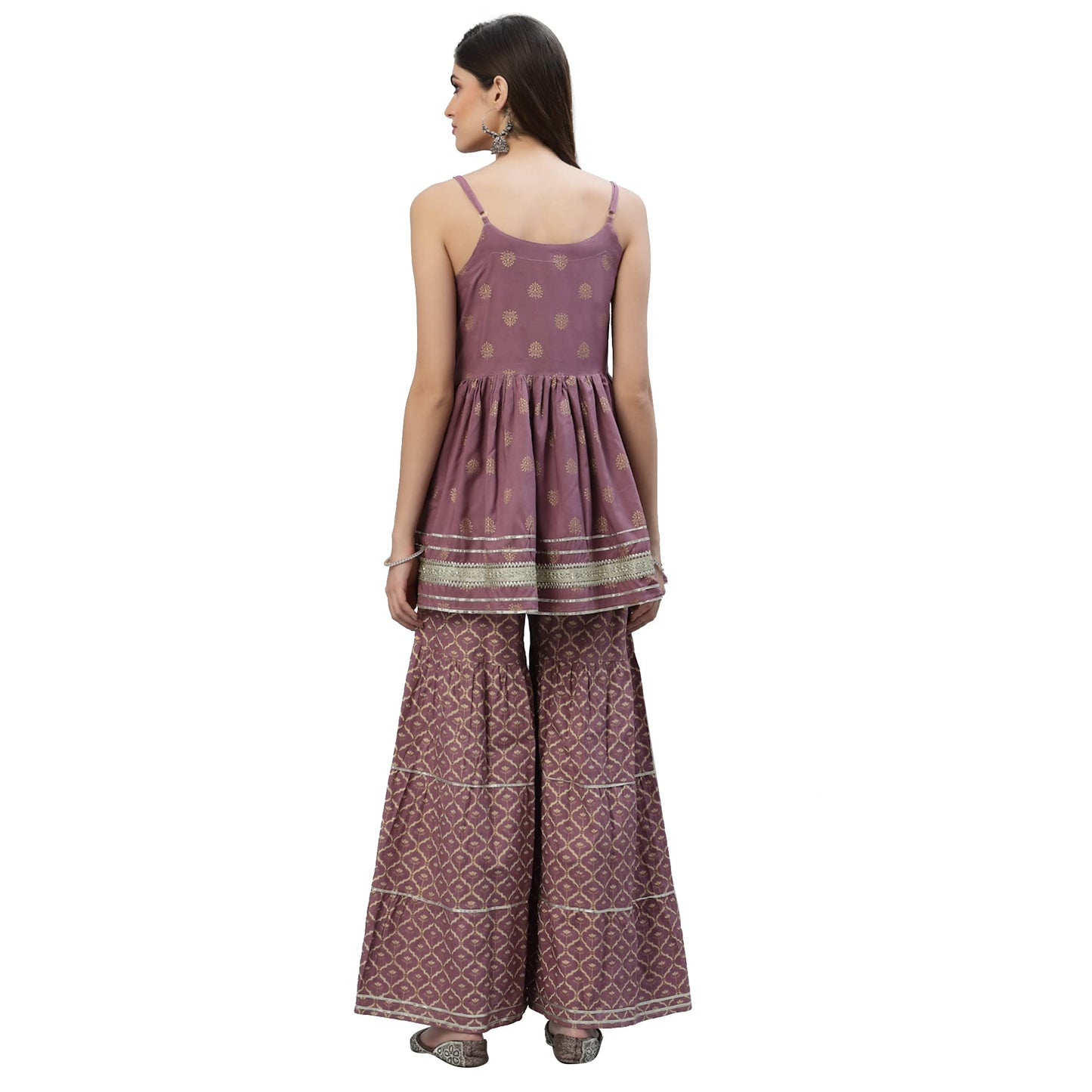 Stylum Women's Gold Printed Rayon Short Kurti and Sharara set (Mauve)