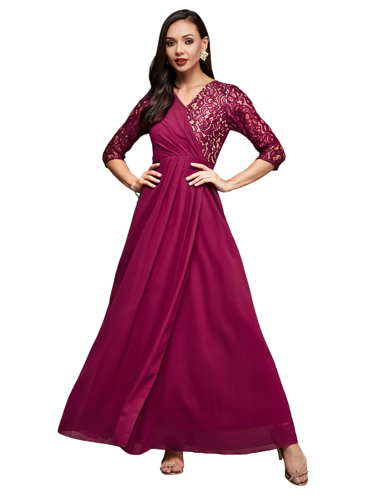 Miss Chase WomenS V-Neck Three-Quarter Sleeve Self-Designed Wrap Maxi Georgette Dress (Mcss23D98-60-23-06, Dark Pink, Xl)