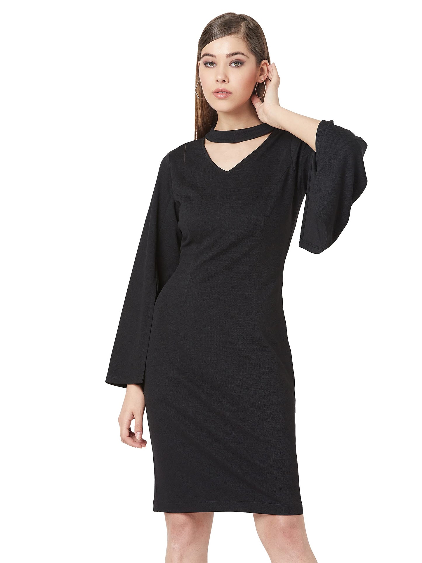 Miss Chase Womens Black V-Neck Flared Sleeve Solid Bodycon Knee-Long Dress(MCSS20D14-43-62-04_Black_M)