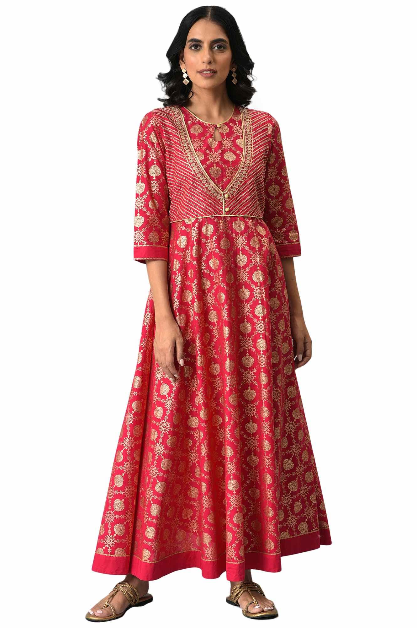 Aurelia Pink Foil Pattern Cotton Kurta With Zari Embroidery