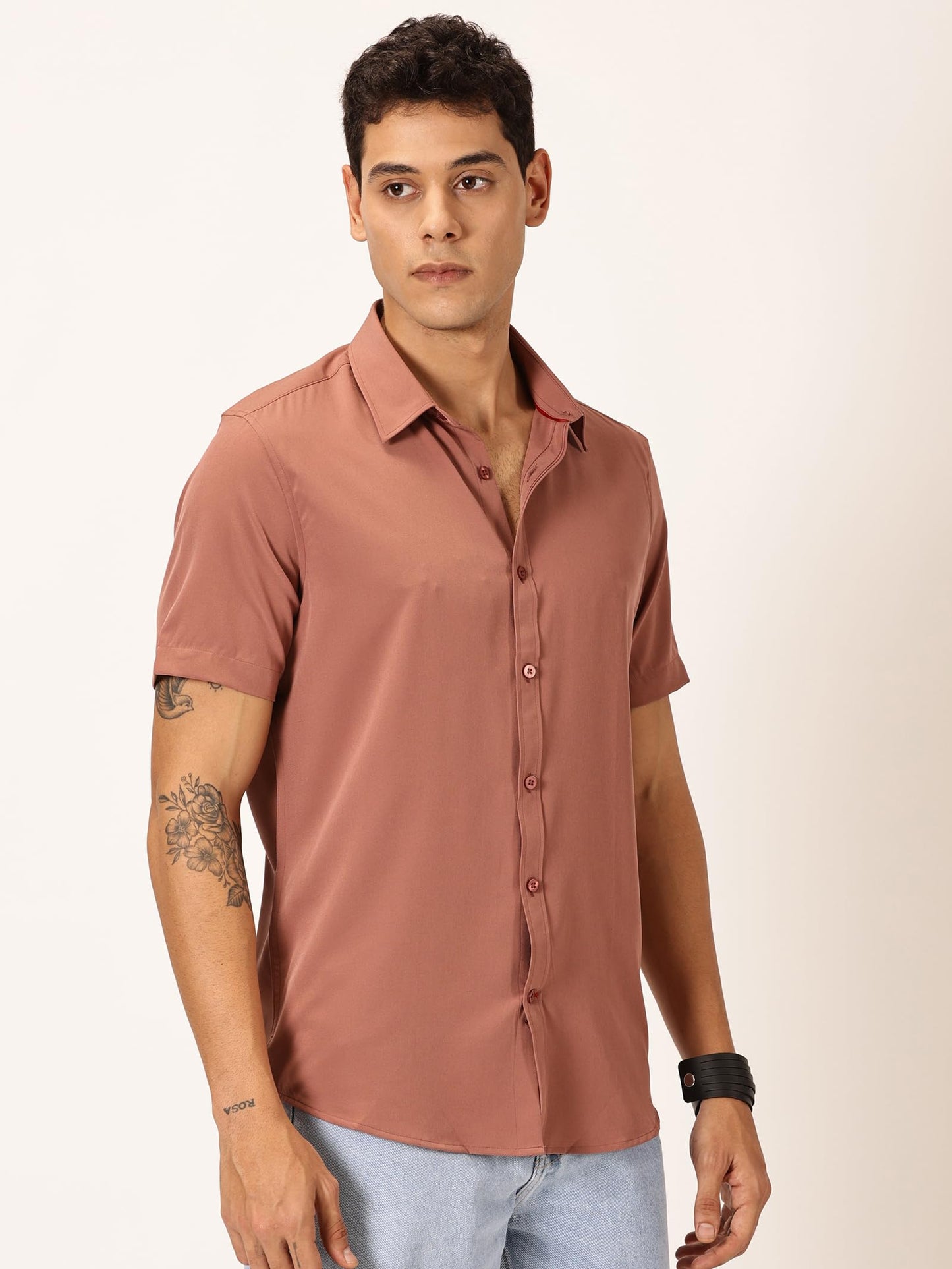 Thomas Scott Mens | Half Sleeve | Solid Plain Color | Regular Fit | Polyester Blend | Spread Collar | Casual | Shirts (Dark Peac