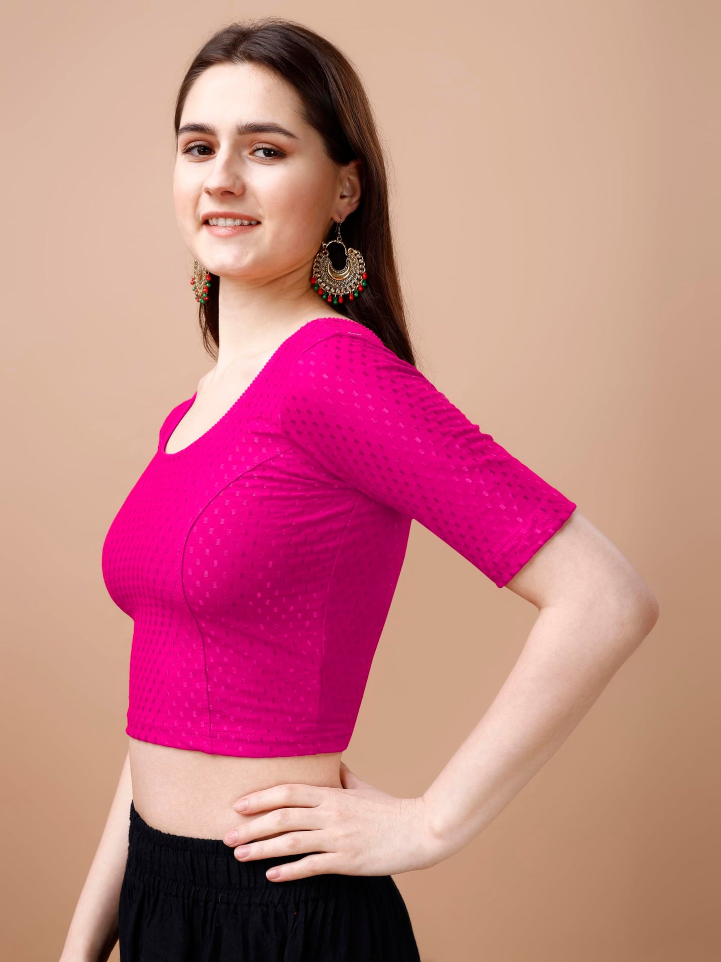 Pujia Mills Womens Readymade Dobby Cotton Lycra Stretchable Round Neck Half Sleeve Blouse Fancy Pink Color Lycra Stretchable Bl