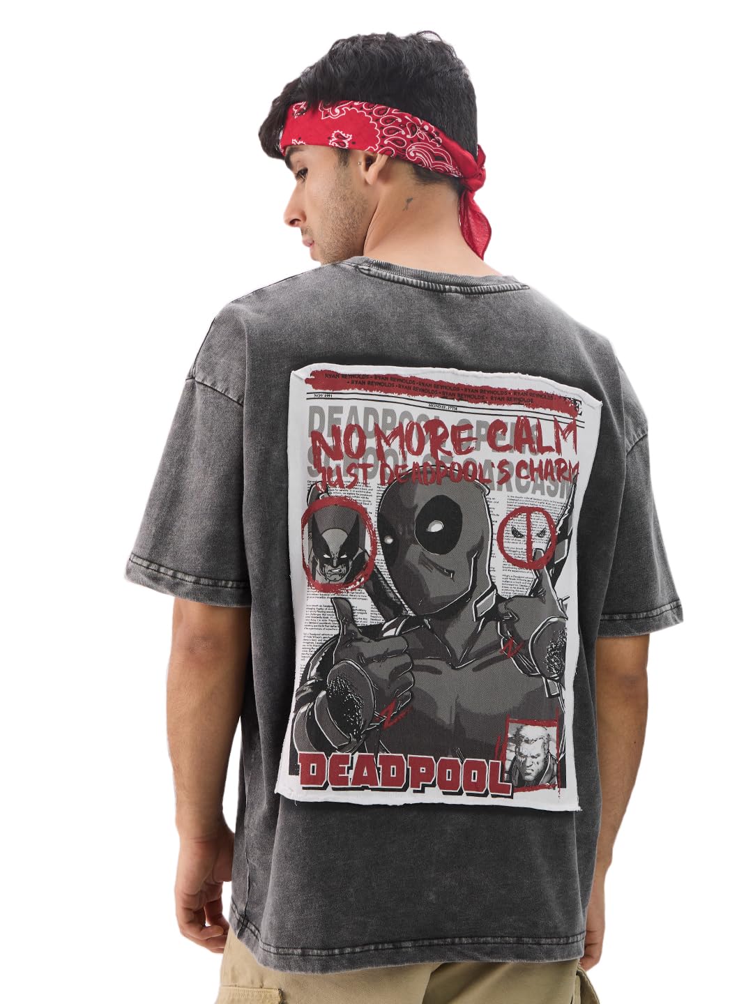 The Souled Store Official Deadpool: No More Calm Men and Boys Short Sleeve Round Neck Grey Cotton Oversize Fit T-Shirt