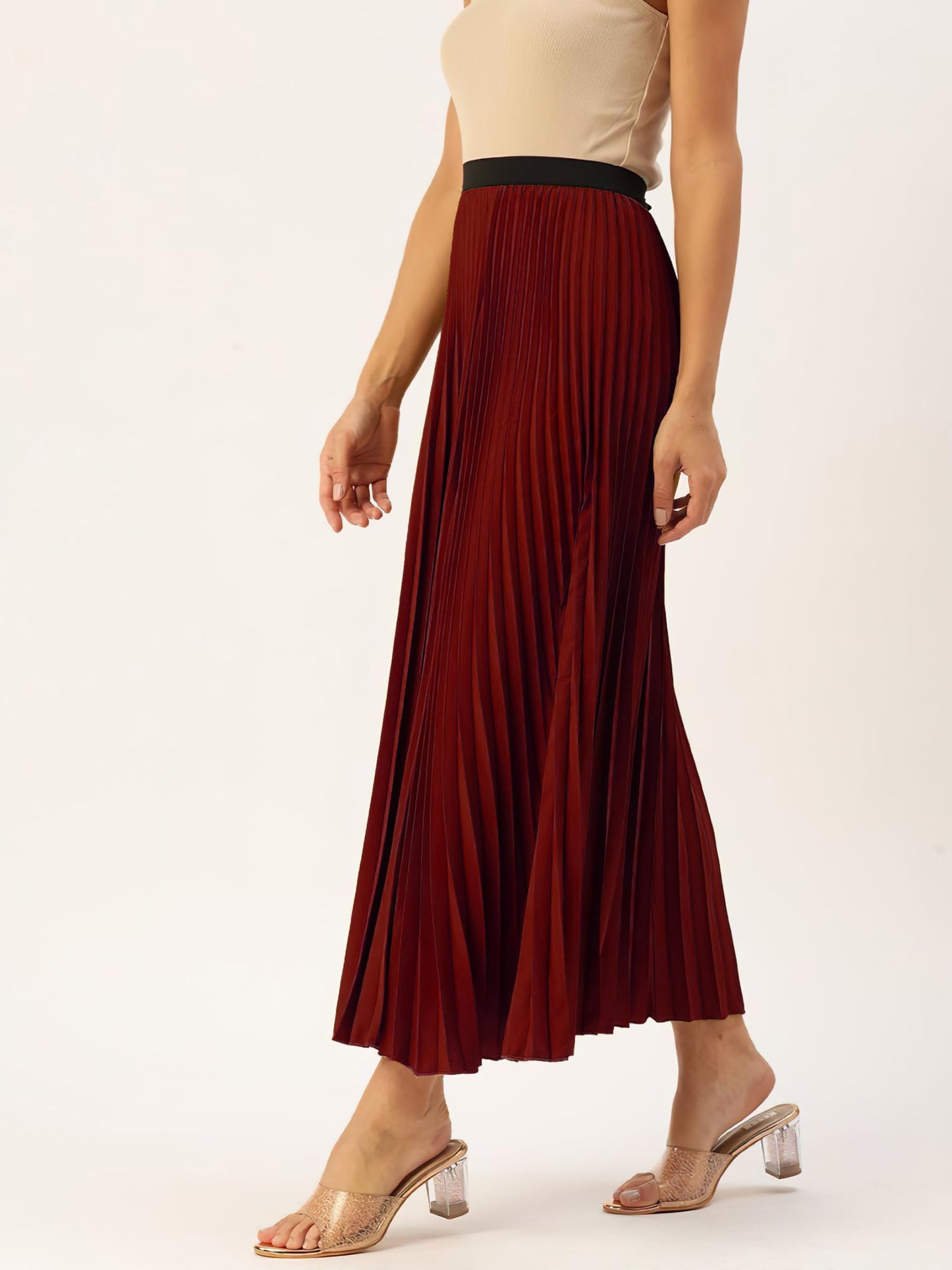 Kzully | Flowing Grace WomenS Satin Accordian Pleat Maxi Flared Skirt Maroon