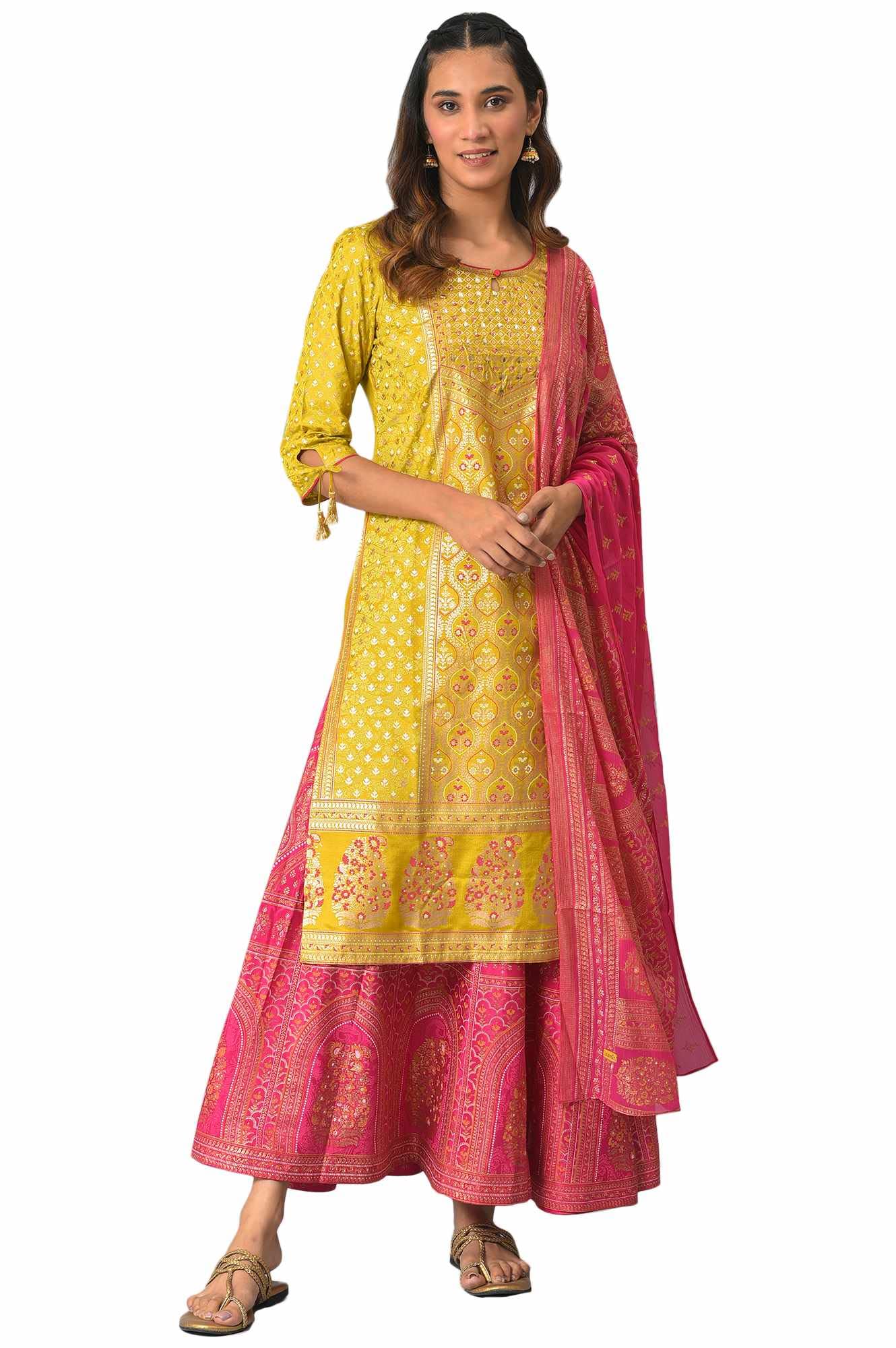 Aurelia Yellow Floral Printed Foil Hand Work Kurta Dupatta Bottomwear