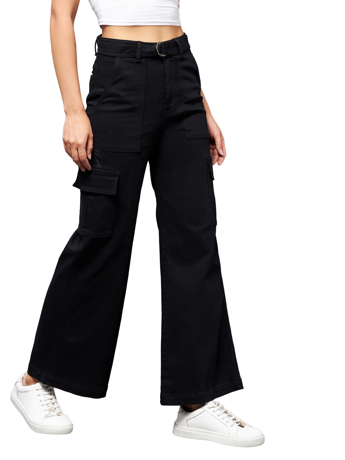 Miss Chase WomenS Wide Leg High Rise Clean Look Regular Stretchable Denim Jeans Black