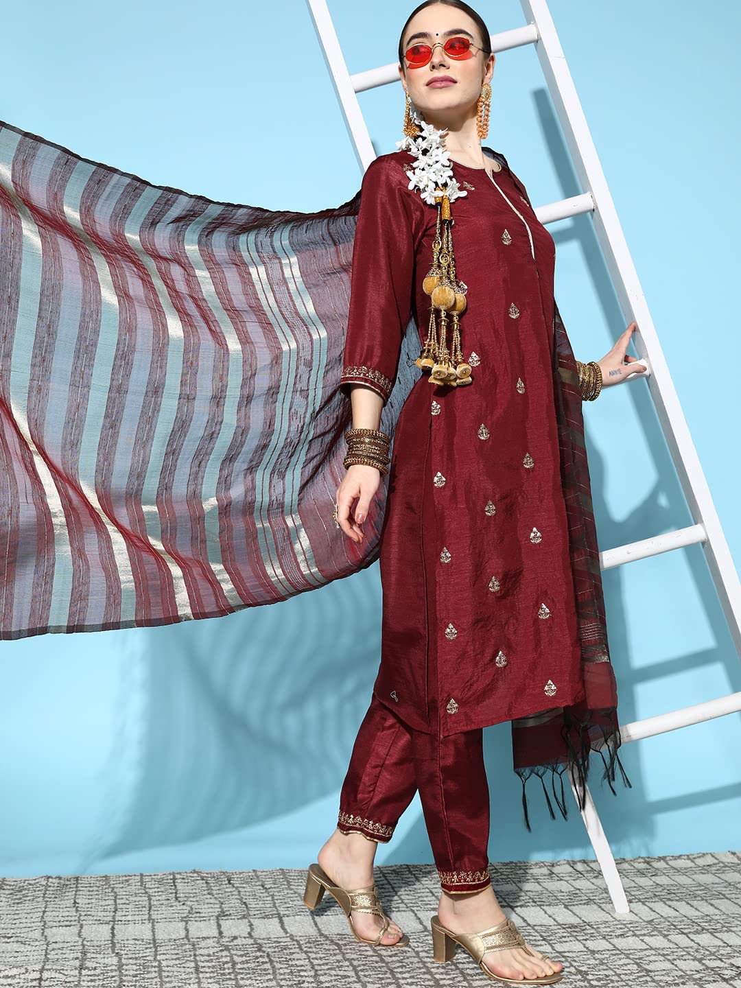 ishin Women's Maroon Embroidered A-Line Kurta with Toruser & Dupatta