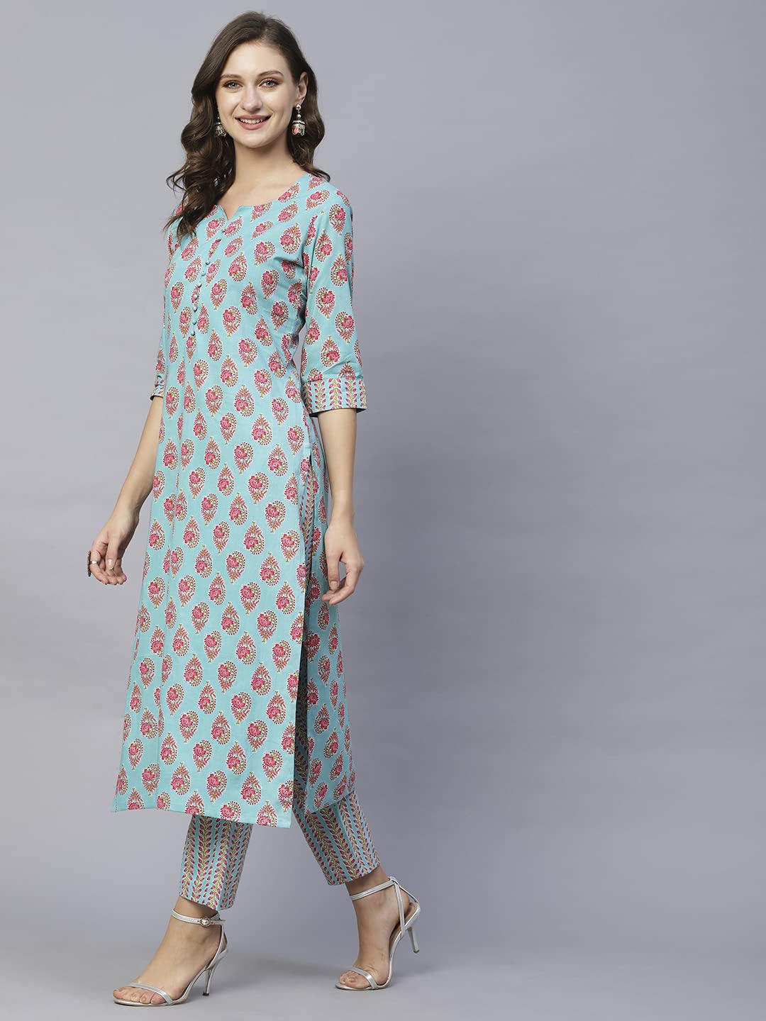 ANNI DESIGNER Women's Cotton Blend Printed Straight Kurta with Pant (Dava Green)