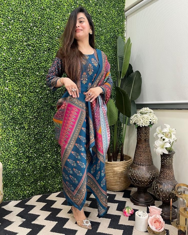 GoSriKi Women's Silk Blend Printed Kurta with Pants & Dupatta, Size 48, Multicolored, Model SULA MULTI-GS