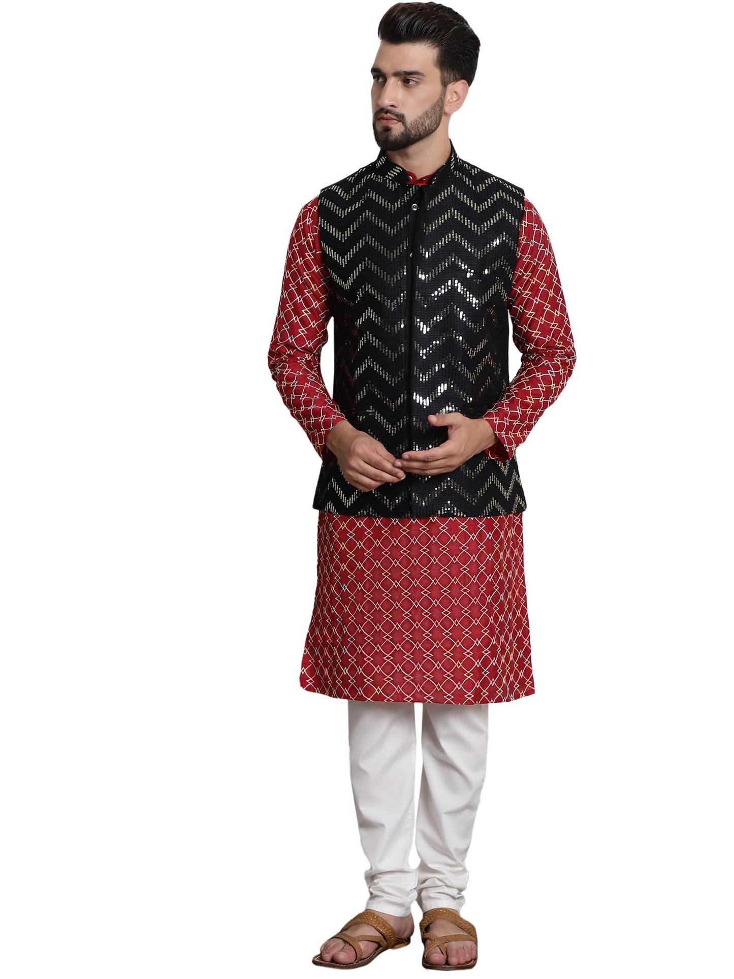 SOJANYA (Since 1958 Men's Silk Blend Maroon Kurta and Off-White Solid Pyjama With Black Nehrujacket
