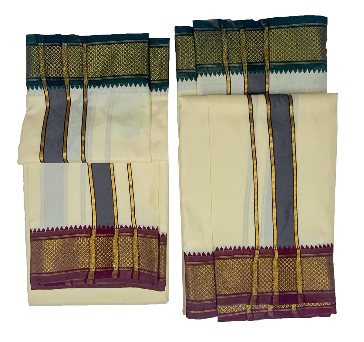 Prakasam Cotton Mens Blended Silk Type Pet Dhoti With Matching Towel/Dhoti1.28X3.60Mtr/1.28X1.80Mtr Towel/8 Mulam Vesti & 4 Mula