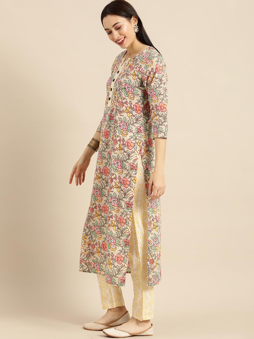Varanga Sea Green And Mustard Floral Printed Straight Kurta With Printed Trouser