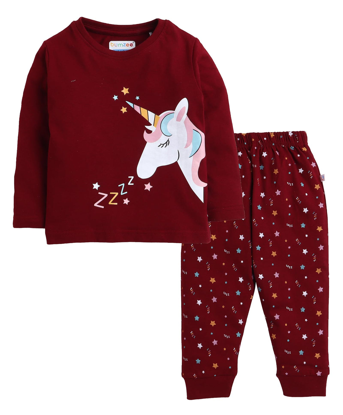 BUMZEE Maroon Girls Cotton Full Sleeves T-Shirt And Pajama Set Age - 6-12 Months