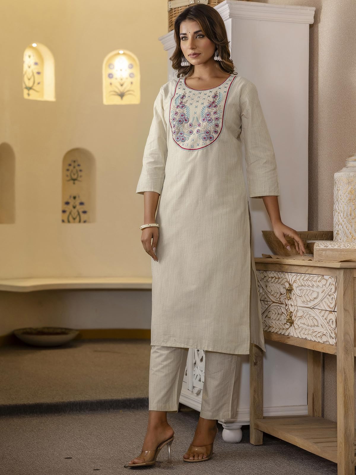Sanisa Women's Cotton Blend Weaving & Embroidery Straight Kurta with Pant and Dupatta Set
