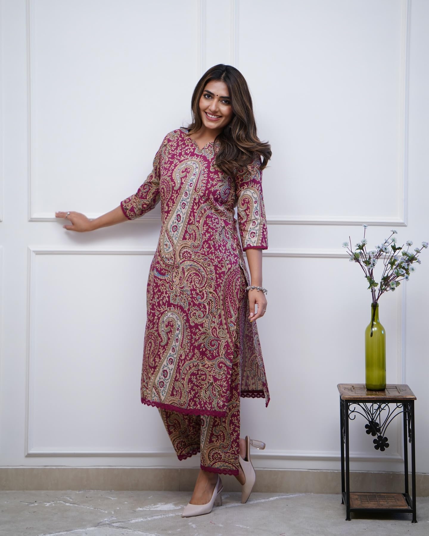 GoSriKi Palazzo Kurta for Women - Viscose Rayon, Printed, Small, Pink, Model Elevate Black-GS