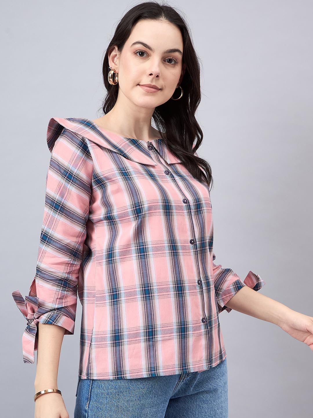 Style Quotient Women Pink & Teal Blue Checked Shirt Style Top