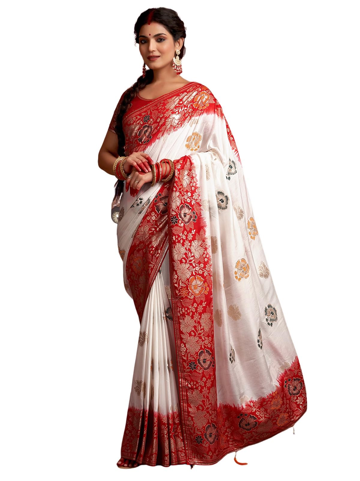 Satrani WomenS Navratri Special Cotton Silk Banarasi Jacquard Durga Puja Special Bengali Saree With Unstitched Blouse Piece (38