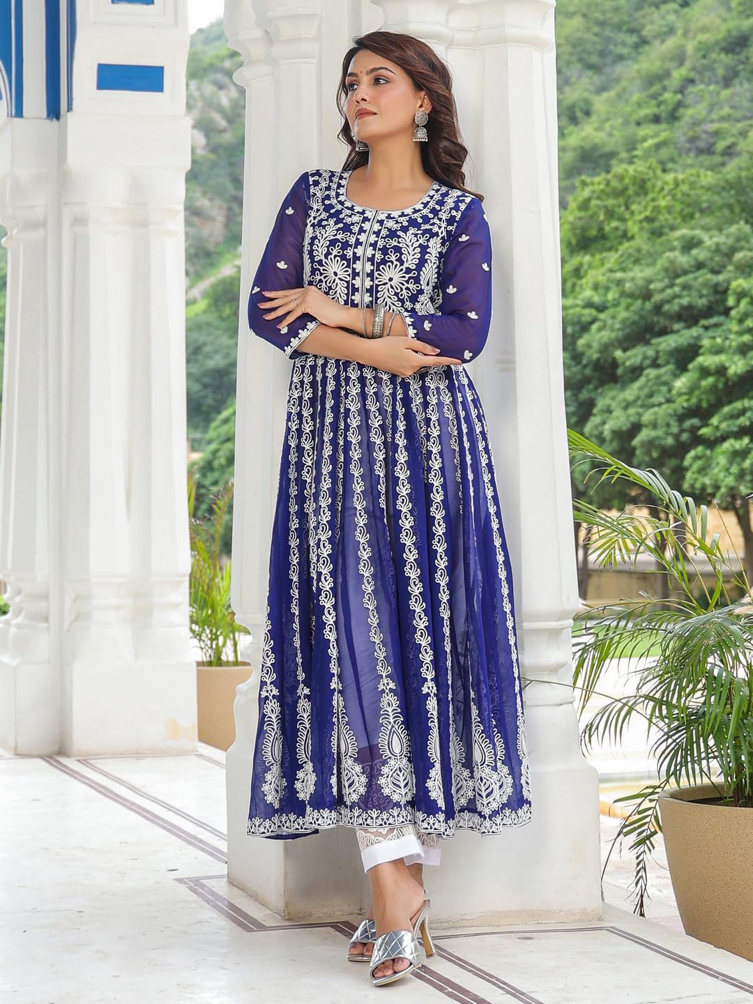 GoSriKi Women's Georgette Anarkali Chikankari Embroidered Kurta