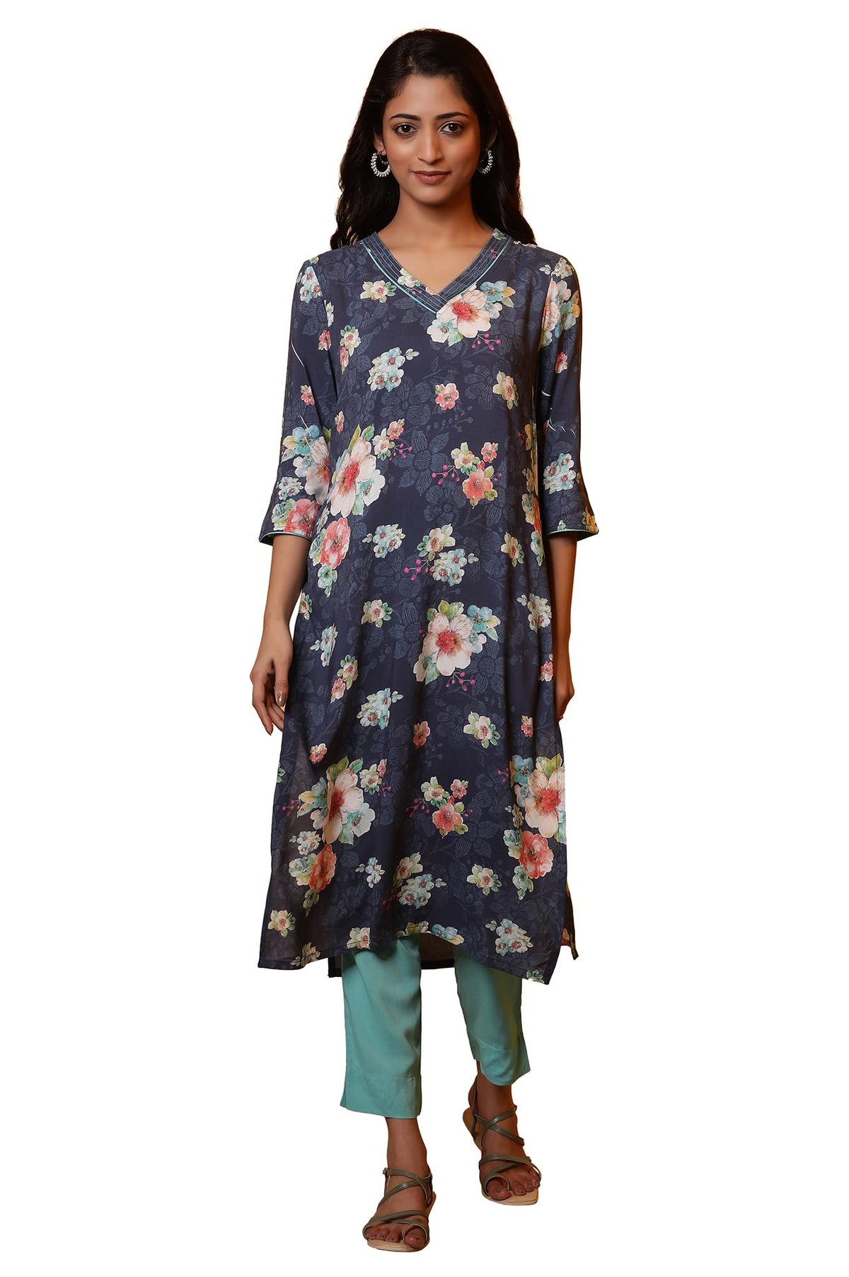 Aurelia WomenS Floral Printed Straight Kurta | V-Neck Kurta For Women | Floral Printed Kurta For Women | Beautiful Regular Fit K