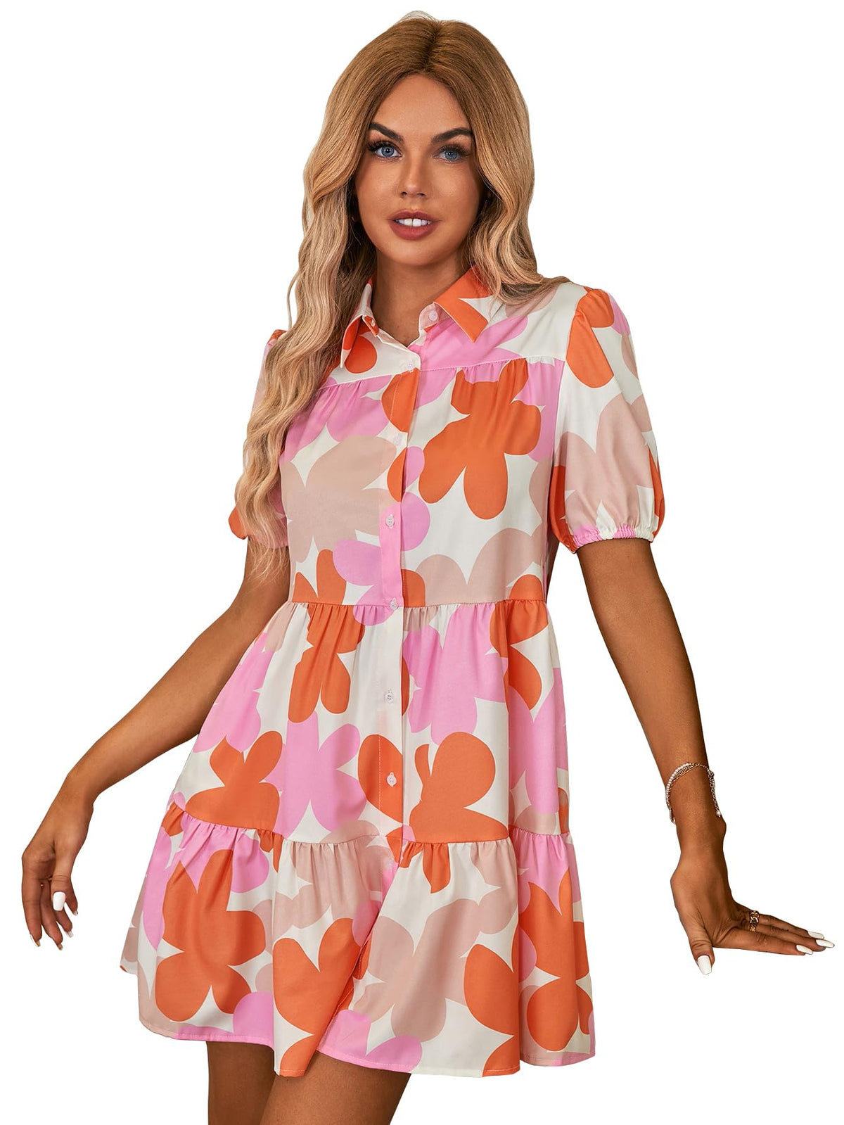Shasmi WomenS Orange Flower Print Short Sleeve Button Front All-Over Printed Dresses, Ruffle Hem Smock Dress For Woman (161 Dre