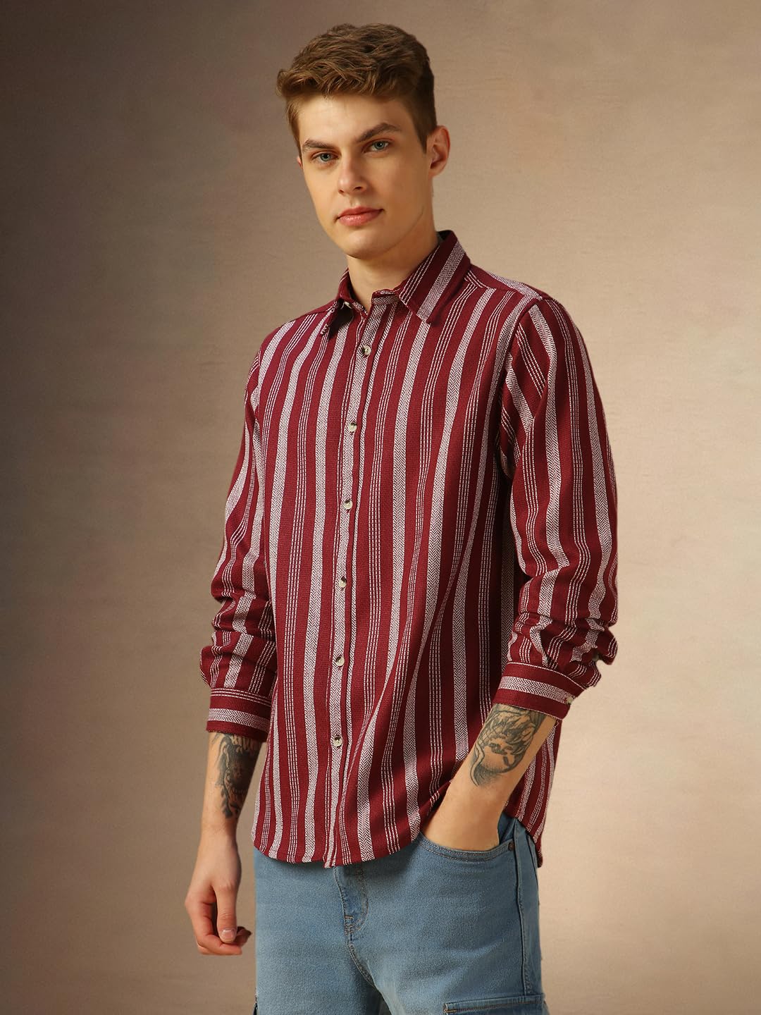 Dennis Lingo Men Maroon Stripes Cotton Regular Fit Full Sleeves Spread Collar Casual Shirt