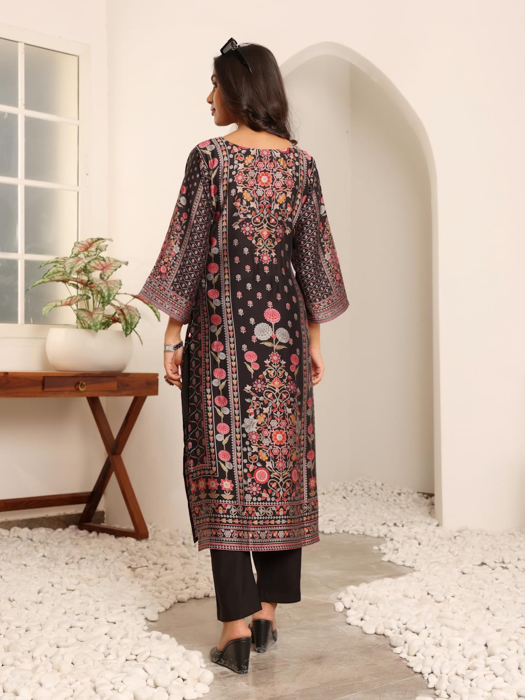 Varanga Women Black Floral Printed Kurta With Solid Trouser Comfortable Cotton Set For Casual Outings, Versatile Design For All