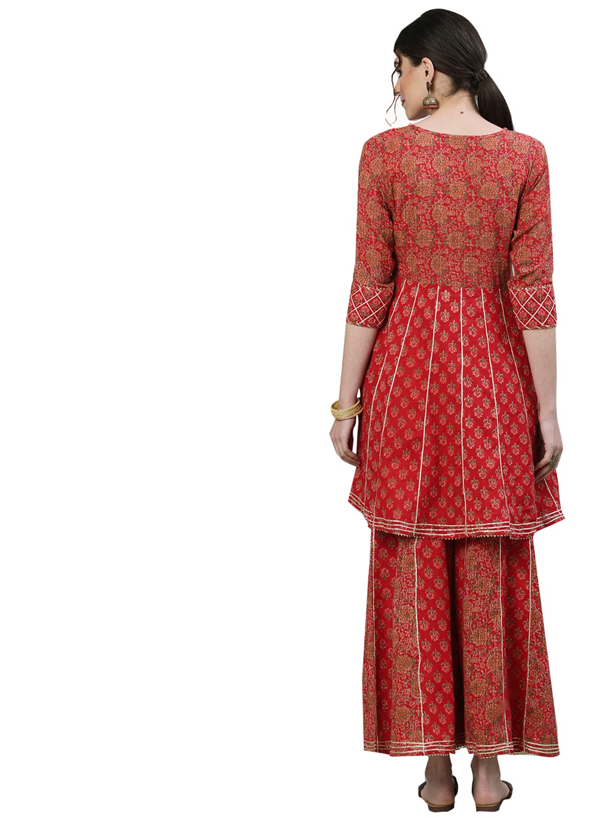 ishin Women's Cotton Red Embellished Peplum Kurta set With Sharara