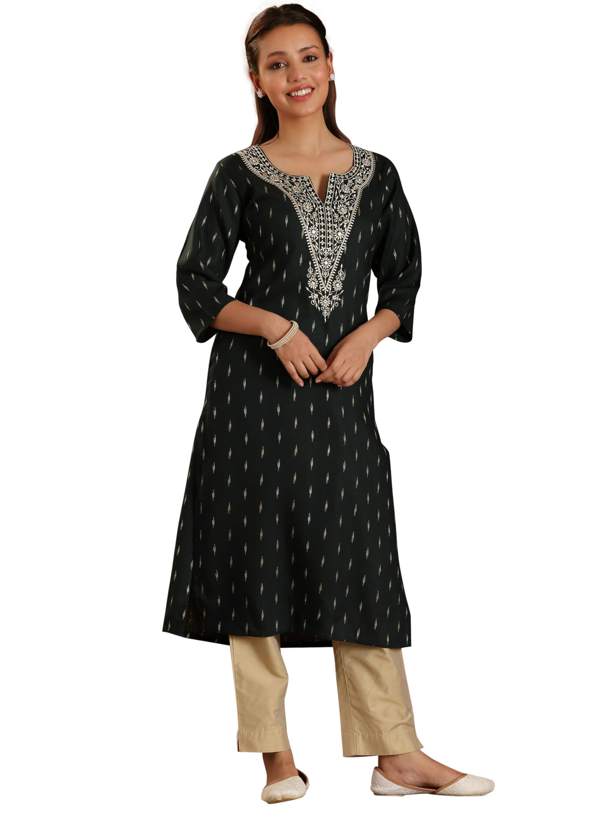 Libas WomenS Cotton Yoke Design Straight Kurta (26968_Green
