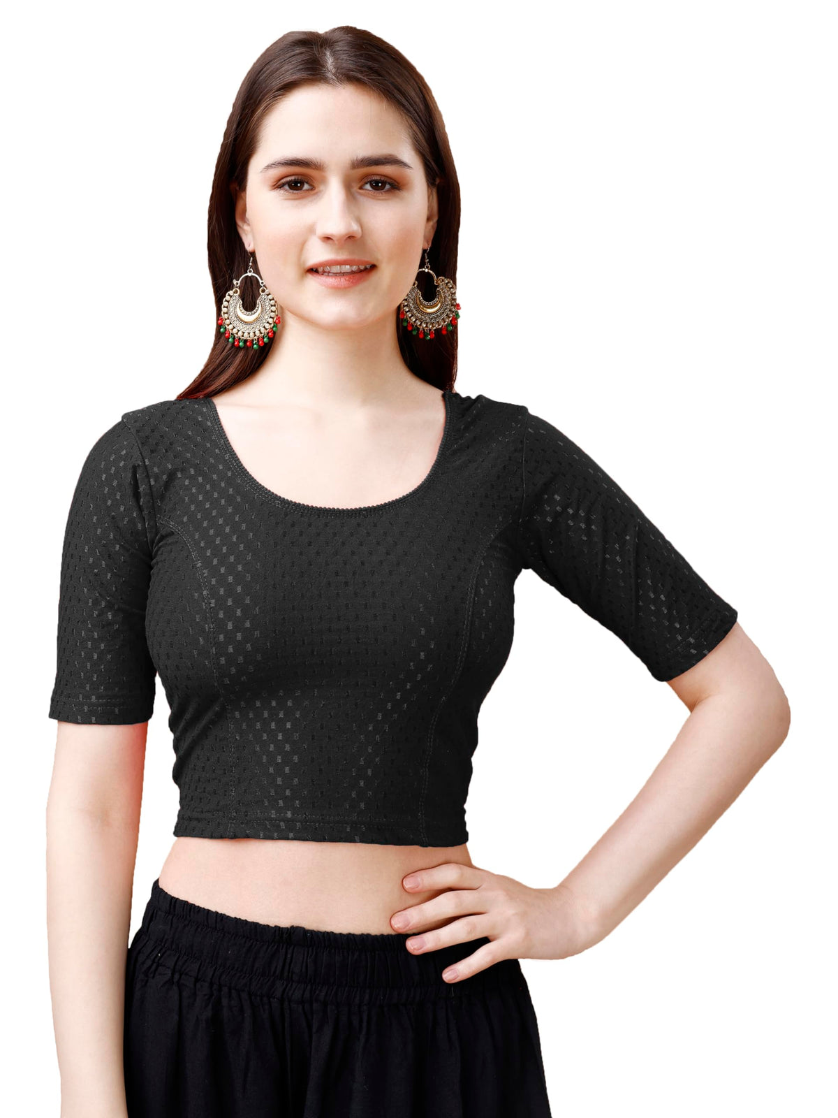 Pujia Mills WomenS Readymade Dobby Cotton Lycra Stretchable Round Neck Half Sleeve Blouse Fancy Black Color Lycra Stretchable B