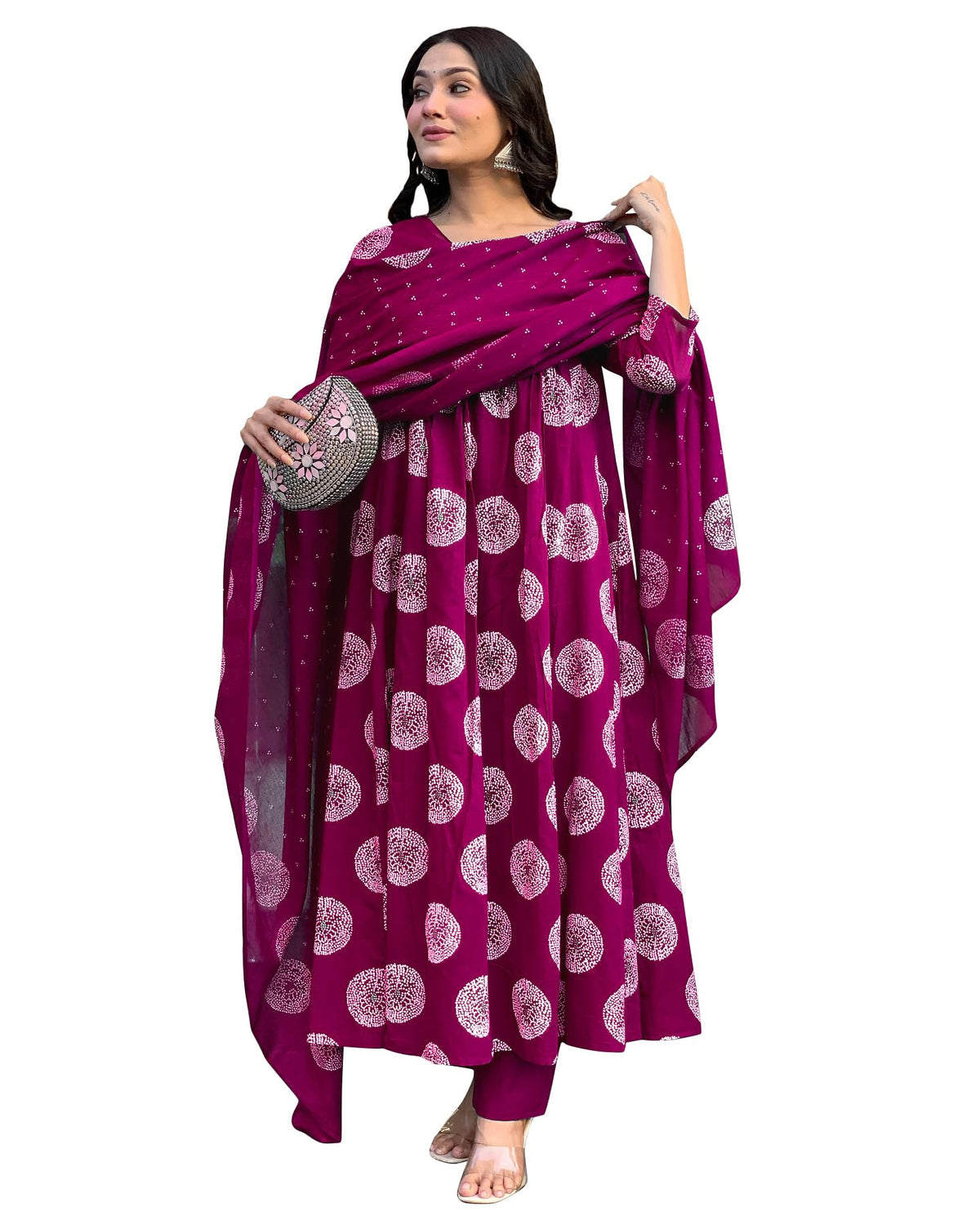 Toochki WomenS Rayon Viscose Anarkali Printed Kurta With Palazzo & Dupatta Dark Pink