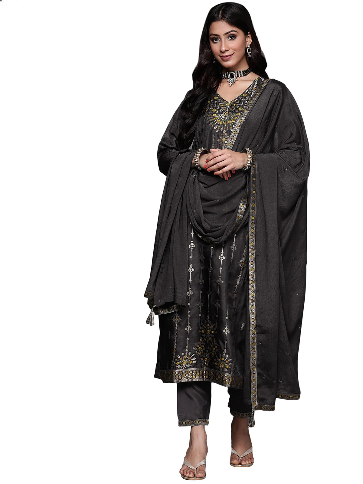 Libas WomenS Silk Blend Kurta Sets (33340O_Charcoal