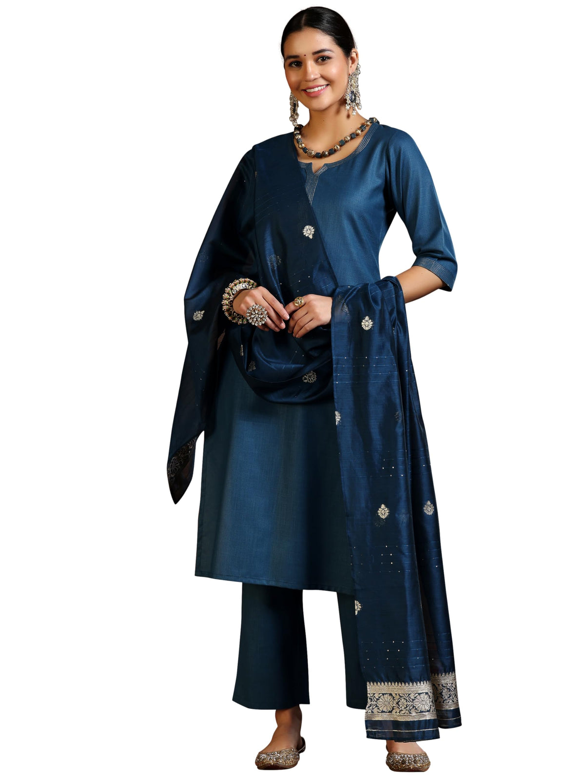 Libas WomenS Silk Blend Solid Kurta Set (39054_Teal