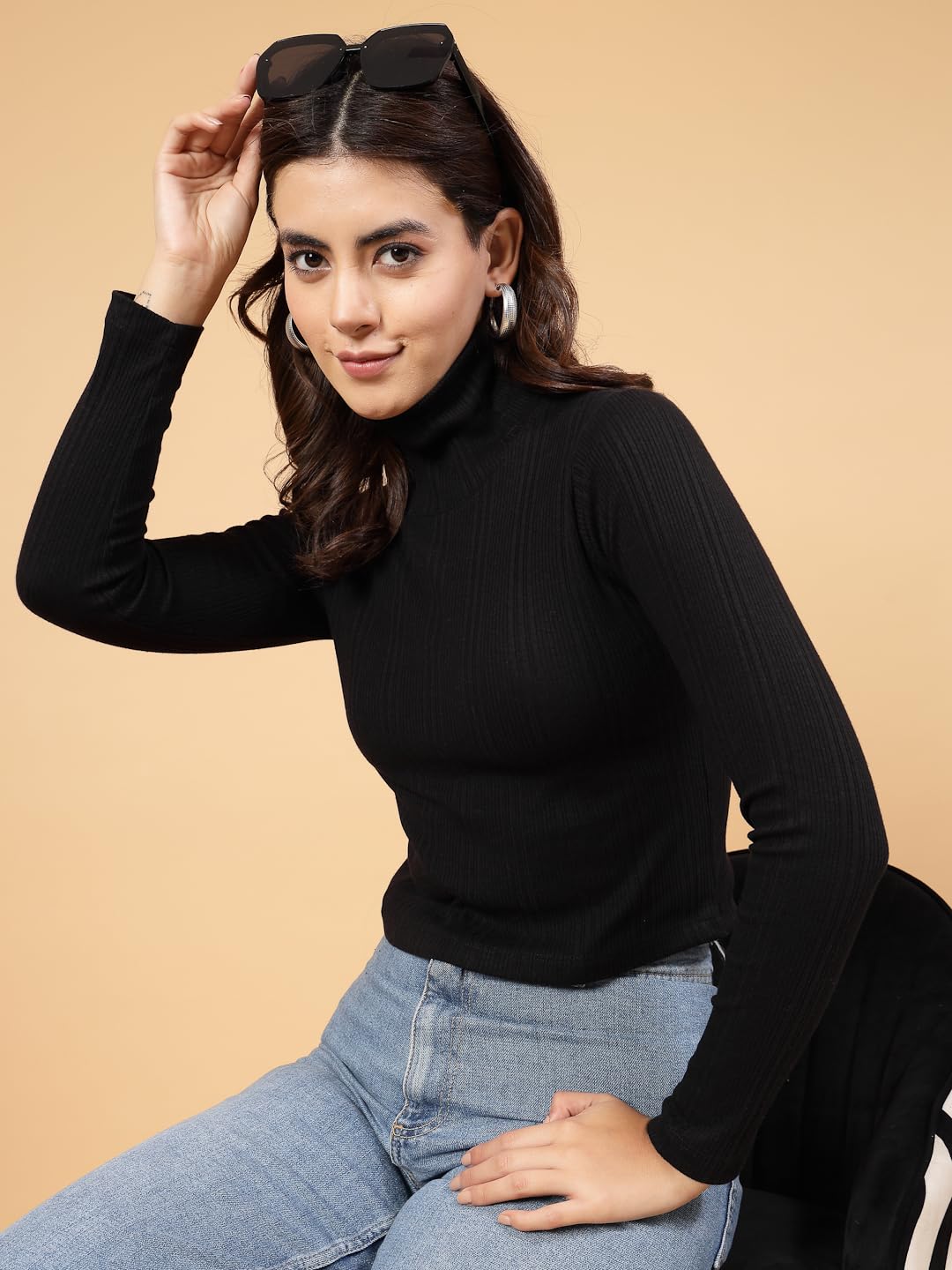 Rigo Cotton Ribbed Full Sleeves Top for Women | High Neck, Stylish Top for Women