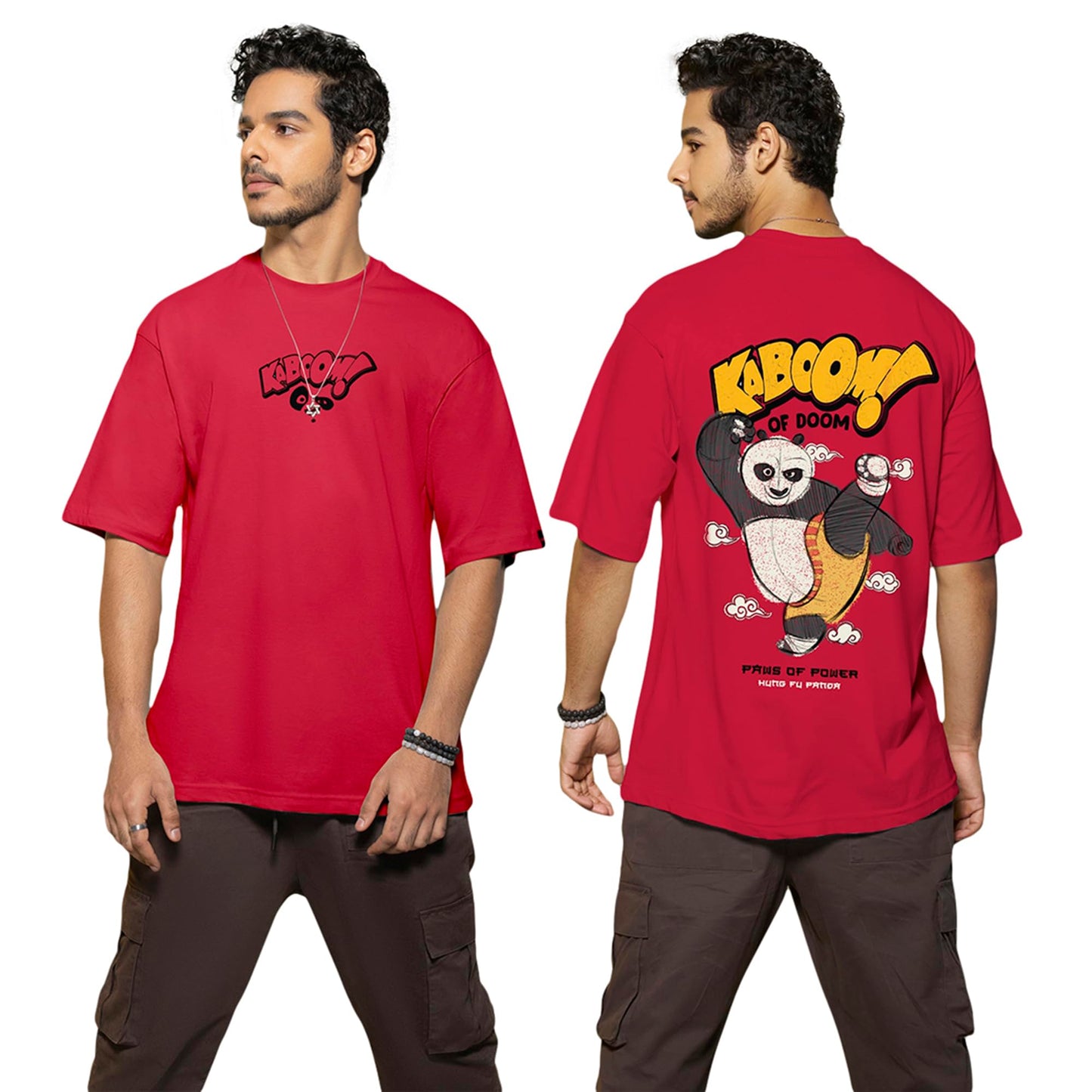 Bewakoof Official Kung Fu Panda Merchandise MenS Graphic Printed Oversized Fit T-Shirt_584919_Red_S