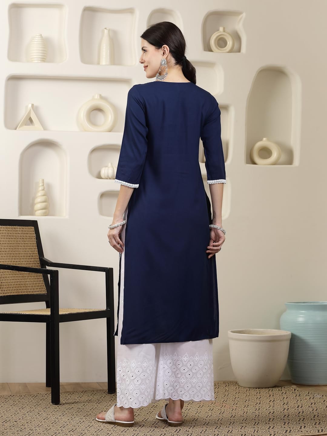 Stylum Women's Solid & Embroidered Rayon Straight Chicken Kurta (BLUEBLAST_Navy Blue)